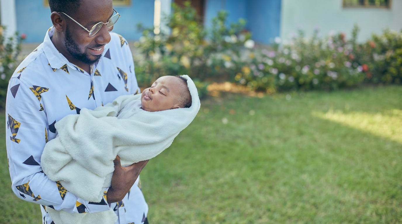 A father in Ghana cradling his newborn baby wrapped in a soft blanket